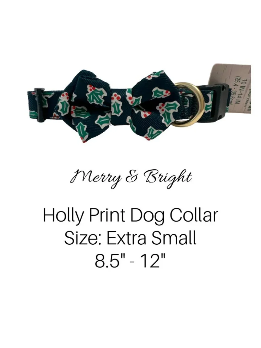 Christmas Holly Print Dog Collar with Bow – X-Small – NEW